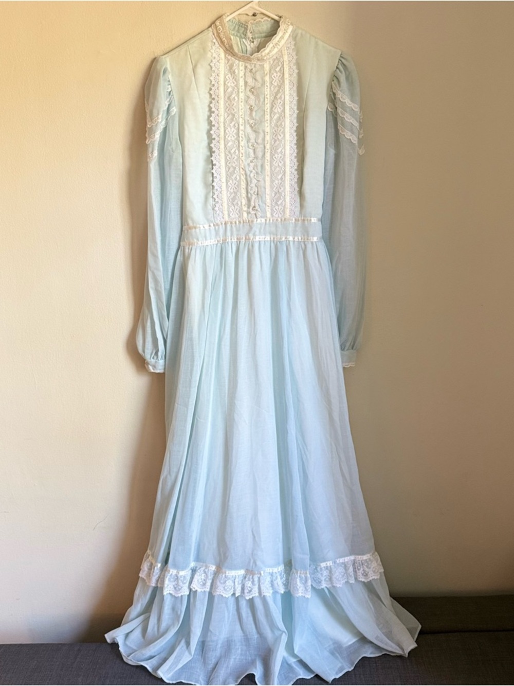 Gunne Sax Vintage Dress Jessica USA Size 13 Light Blue Victorian Lace Maxi 70s
